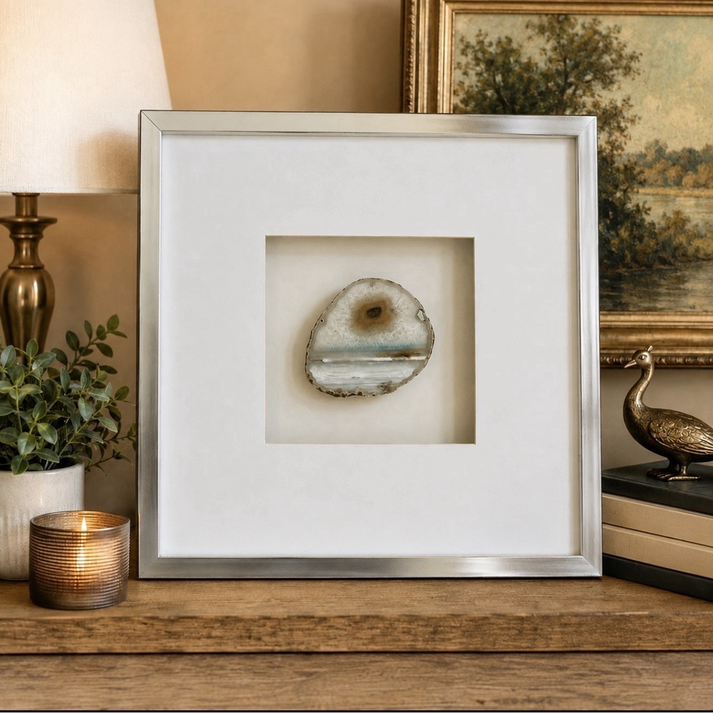 Z Gallerie Peacock Geode Wall Art Natural Stone Shadow Box 18x18 Silver